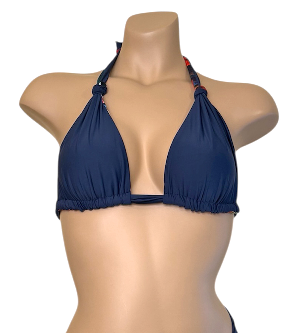 Reversible knotted triangle bikini top in waterlily print indigo side