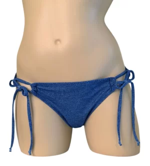 Low waist, loop tie side, moderate coverage bikini bottoms in denim print