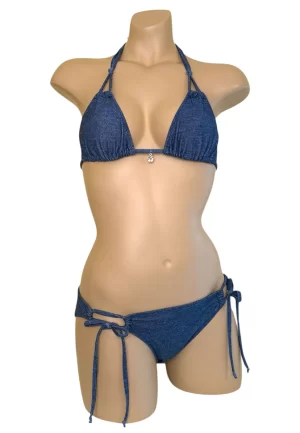 Low waist, moderate coverage, loop tie side bikini bottoms with matching triangle bikini top in denim print fabric