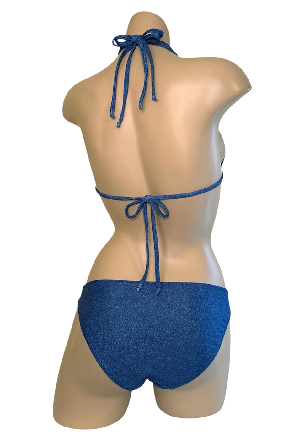 Low waist, moderate coverage, loop tie side bikini bottoms with matching triangle bikini top in denim print fabric back view