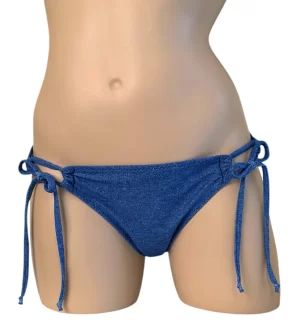 Low waist, loop tie side, moderate coverage bikini bottoms in denim print front view