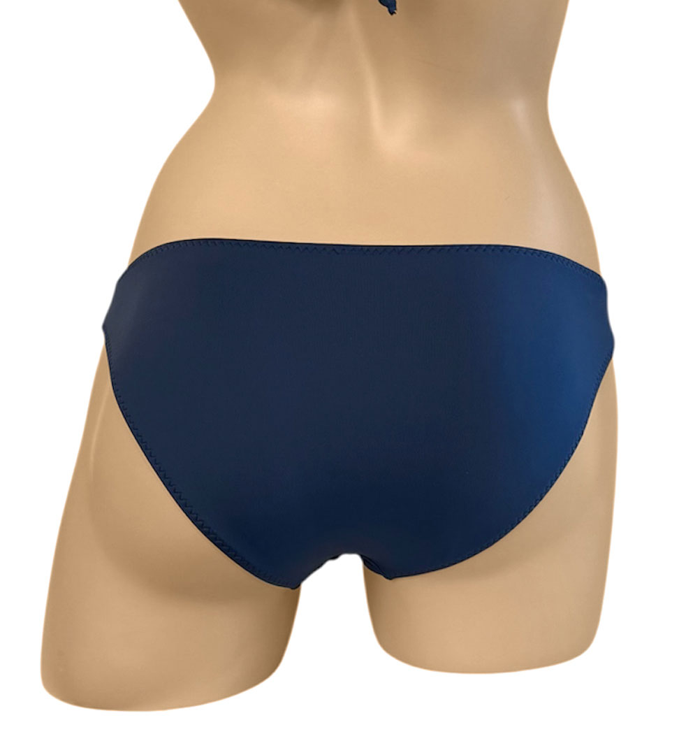 Low waist, moderate coverage bikini bottoms in indigo blue back view