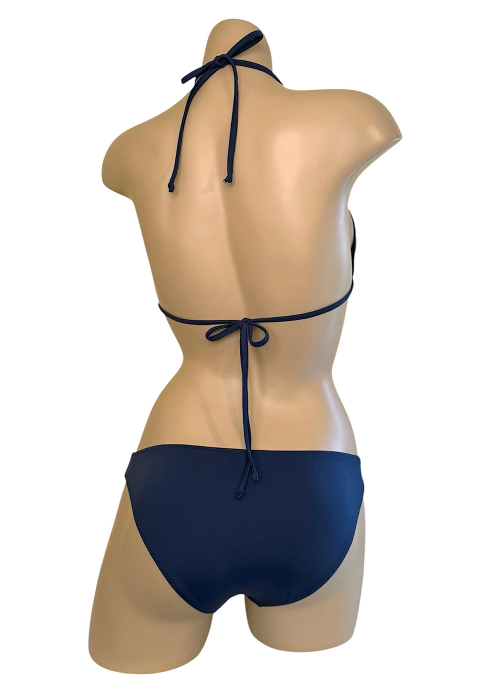 Low waist, moderate coverage bikini bottoms and classic triangle bikini top in indigo back view
