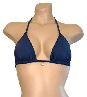 Classic triangle bikini top in indigo blue with flower charm at center
