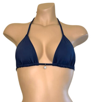 Classic triangle bikini top in indigo blue with flower charm at center