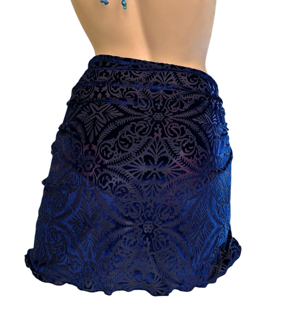 Floral stretch velvet bikini cover up wrap in navy back view