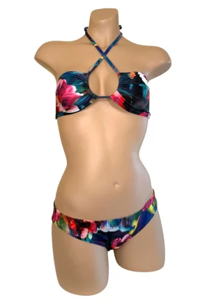 Sporty low waist bikini bottoms and bandeau style bikini top in waterlily print