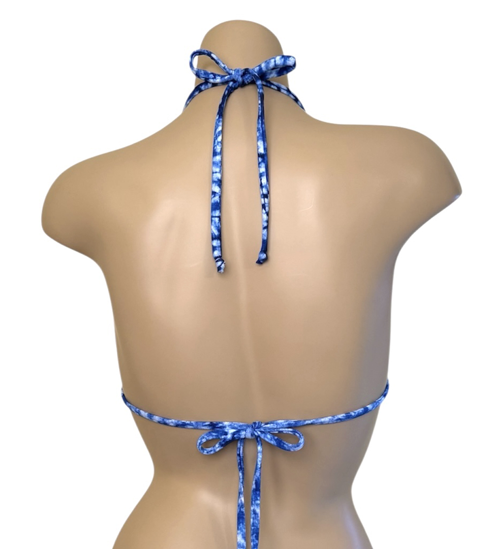 Ruffle edge triangle bikini top in blue tide back view