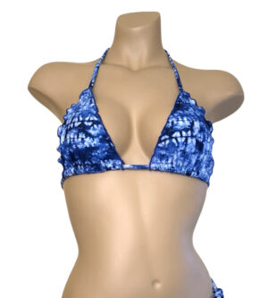 Ruffle edge triangle bikini top in blue tide front view