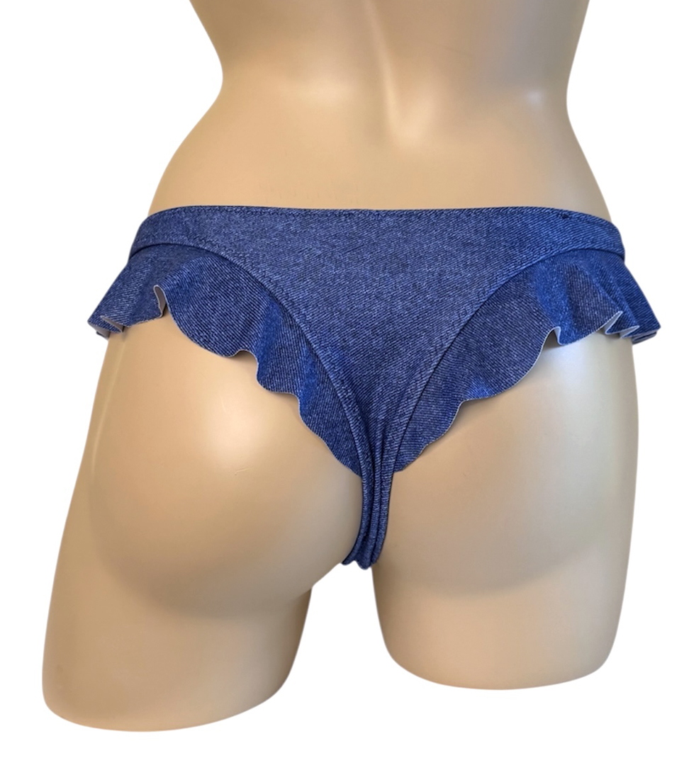 Low waist, cheeky, ruffled bikini bottoms in denim print back view