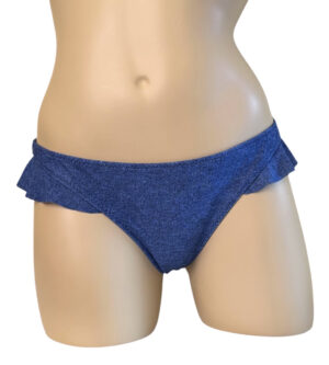 Low waist, cheeky, ruffled bikini bottoms in denim print front view