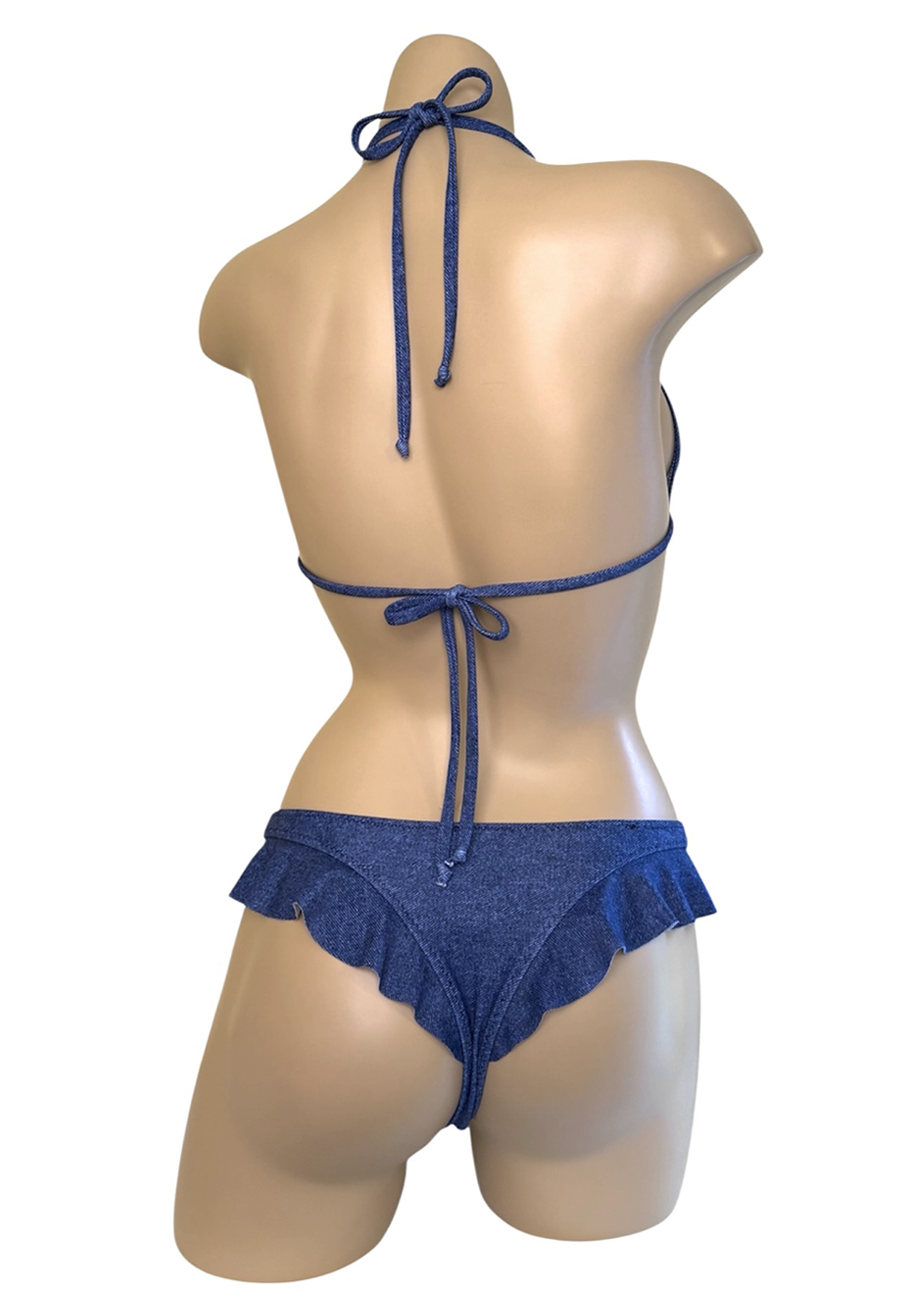Low waist, cheeky, ruffled bikini bottoms with matching ruffle triangle top in denim print back view
