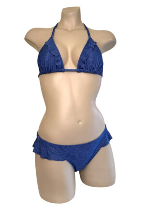 Low waist, cheeky, ruffled bikini bottoms with matching ruffle triangle top in denim print front view