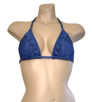 Ruffle triangle bikini top in denim printed swim fabric front view