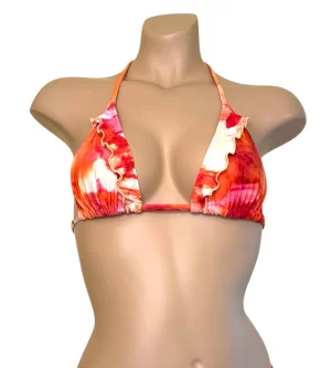 Ruffled triangle bikini top in tropical sunset floral print front view