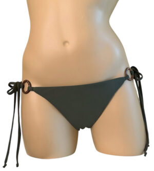 Reversible, tie side, cheeky bikini bottoms with coconut ring detail at sides in olive green front view