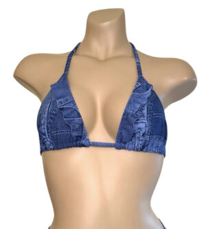 Ruffle triangle bikini top in patchwork denim print fabric front view