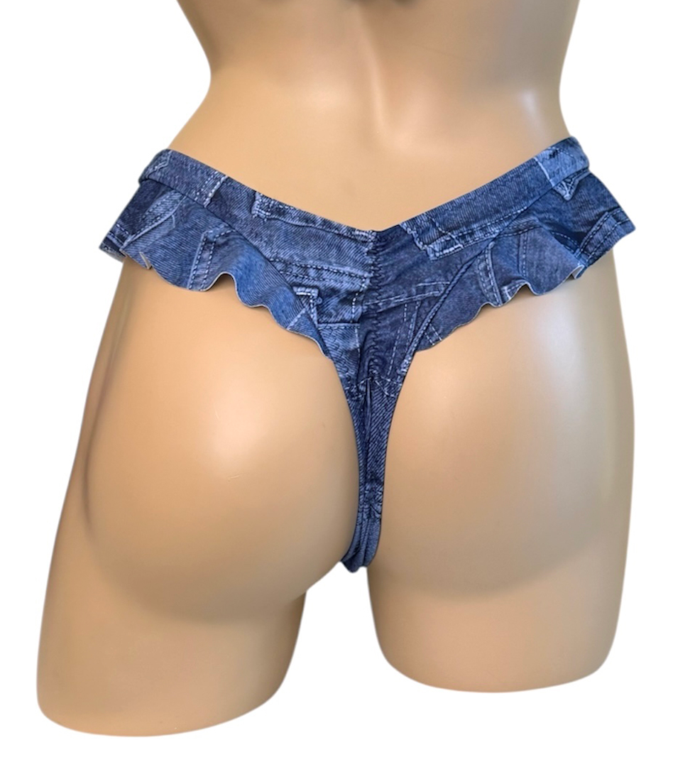 High cut, ruffled, cheeky thong bikini bottoms in patchwork denim print back view