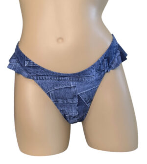 High cut, ruffled, cheeky thong bikini bottoms in patchwork denim print front view