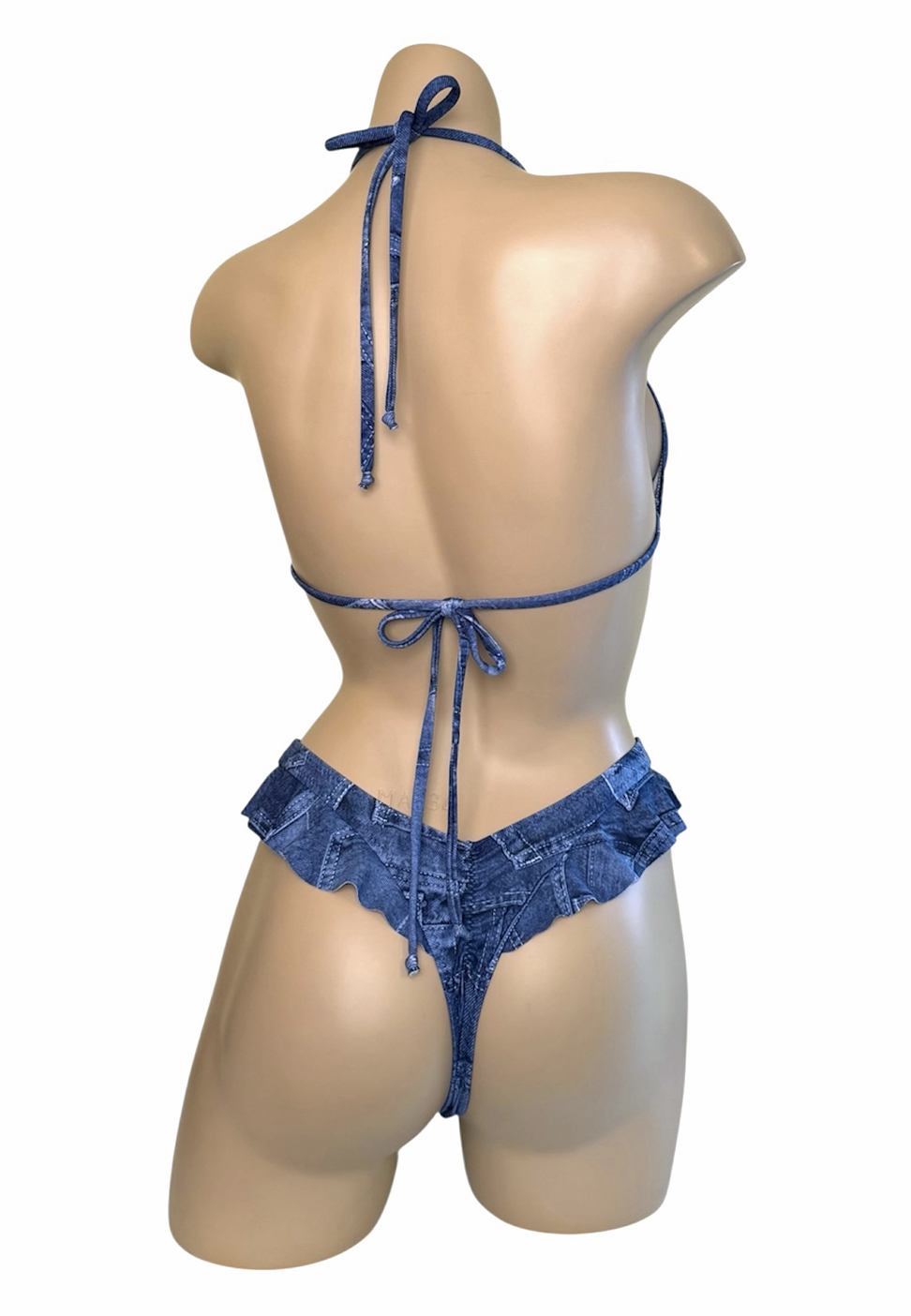 High cut, ruffled, cheeky thong bikini bottoms in patchwork denim print back view
