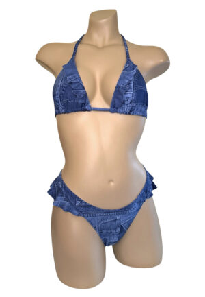 High cut, ruffled, cheeky thong bikini bottoms in patchwork denim print front view