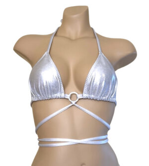 Metallic silver triangle bikini top with extra long removable chest strap and silver crystal ring details front view