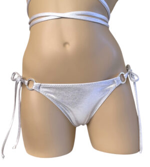 metallic silver low waist, tie side, ruched back bikini bottoms with silver crystal rings at sides front view